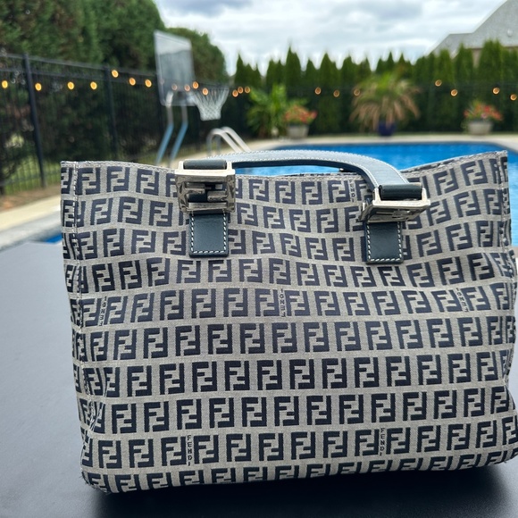 FENDI Vintage Zucchino  Navy Leather & Grey Canvas Tote Bag - Picture 6 of 17